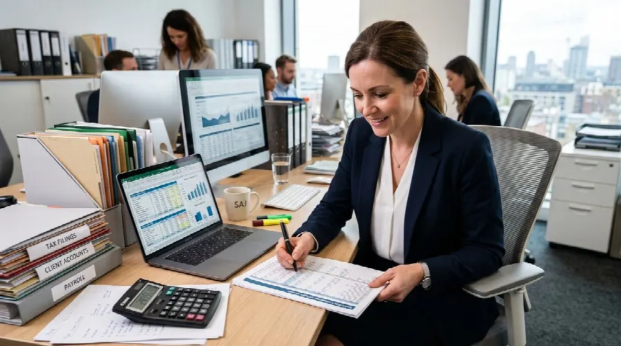 Bureau comptable avec papiers et documents ouverts